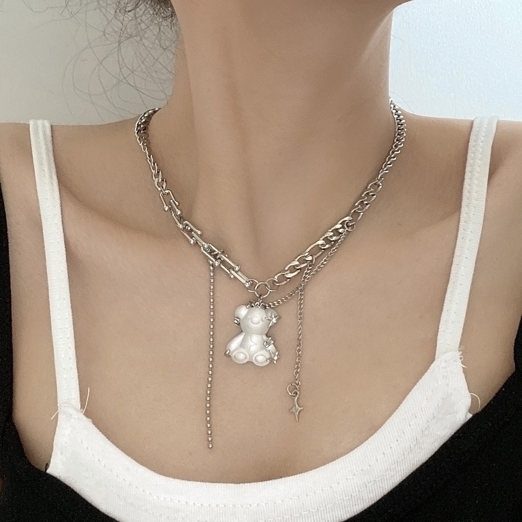 Kalung Rantai Dengan Liontin Beruang Aksen Mutiara Gaya Harajuku