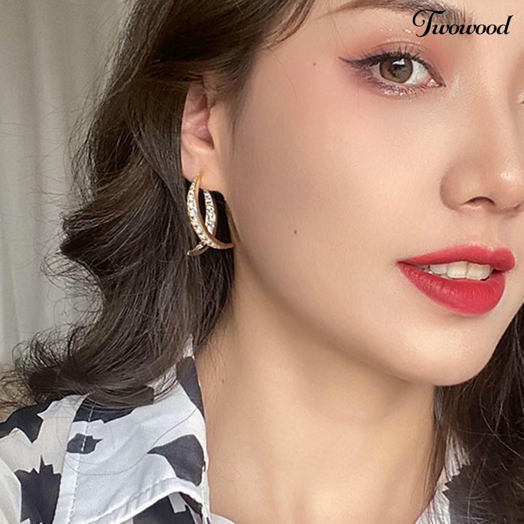 Twowood 1 Pair Dangle Earrings Cross Curved Jewelry Lightweight Sparkling Ear Cuffs for Banquet
