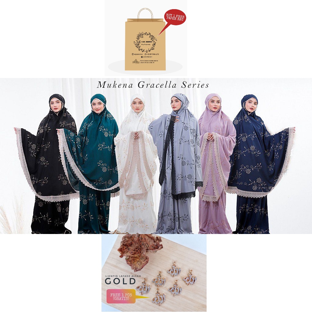 ORIGINAL Mukena Dewasa Gracella Full Bordir Bunga Teratai Mewah Free Tas Mukenah Jumbo Bahan Katun P