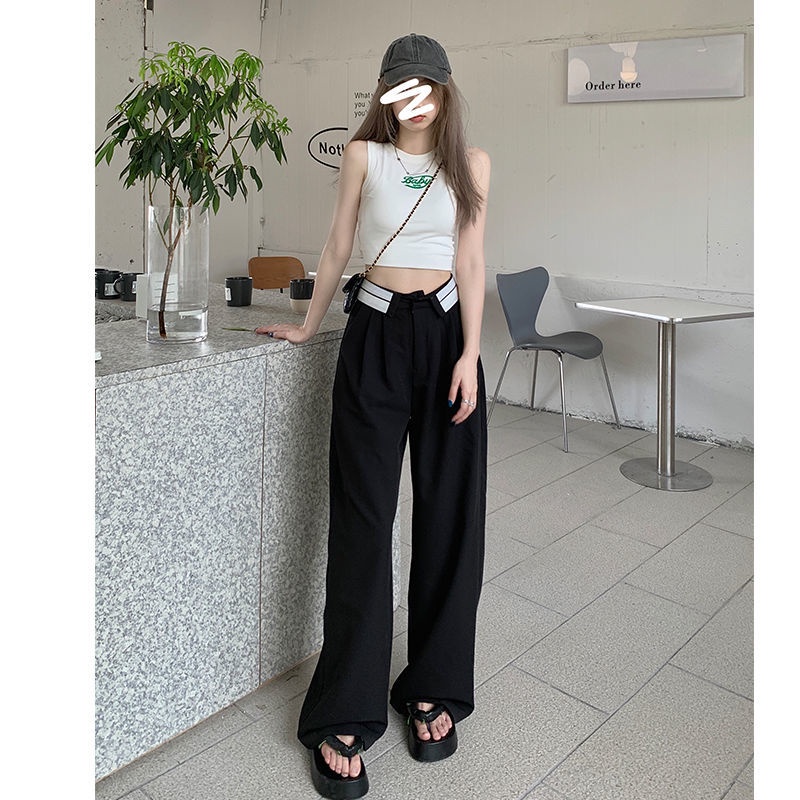 BAOHUAN ~ Korea Hong Kong Abu-abu flanging sesuai dengan lebar kaki celana wanita musim panas pinggang tinggi ruangan mengepel celana kasual celana