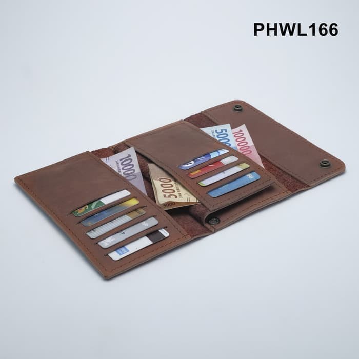 Dompet pria model panjang lipat tiga kulit asli warna coklat PHWL166 biker wallet leather wallet