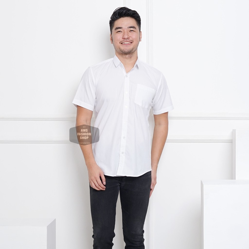 KEMEJA PRIA LENGAN PENDEK COWOK PUTIH POLOS FORMAL CASUAL KEREN 3295