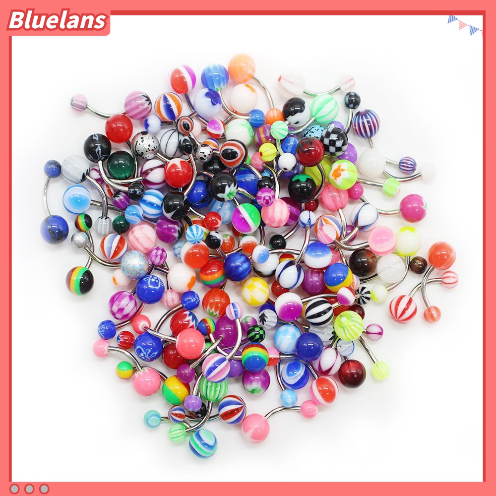 100pcs Cincin Tindik Pusar Bentuk Bola Barbel Warna Campur