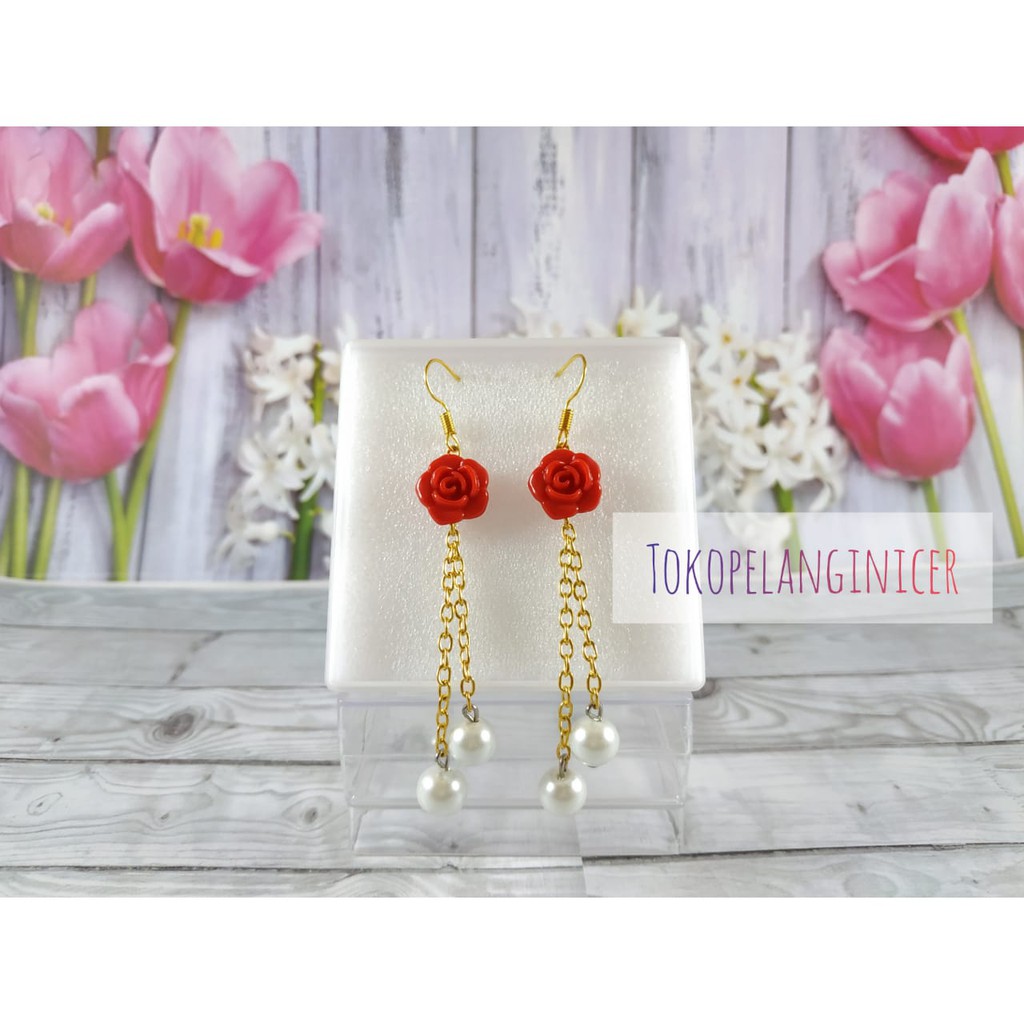 Anting fashion wanita Mawar/ Anting  mini juntai mutiara By Tokopelanginicer