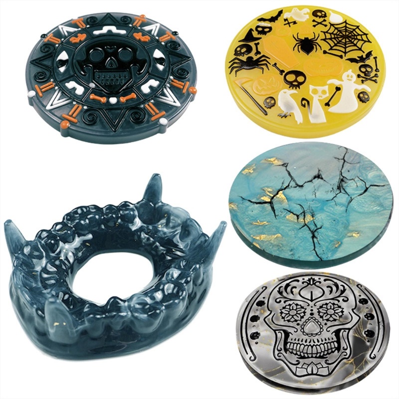 5 Pcs Cetakan Resin Coaster Tema Halloween Dengan Fang Holder