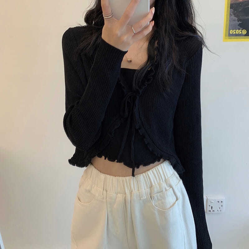 #Sisjuly# Kayu Tipis Telinga Palsu Dua Potong Lengan Panjang Sweater Wanita Musim Semi dan Musim Gugur Gaya Ko