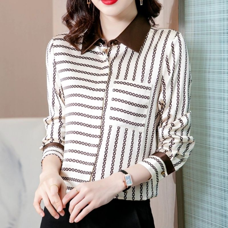 MDLV ~ 7122 Versania Hidden Button Shirt Women Line Shirt Premium Kemeja Garis Kemeja Satin Premium Kemeja Satin Lengan panjang Kemeja Casual Kemeja wanita Fashion Import