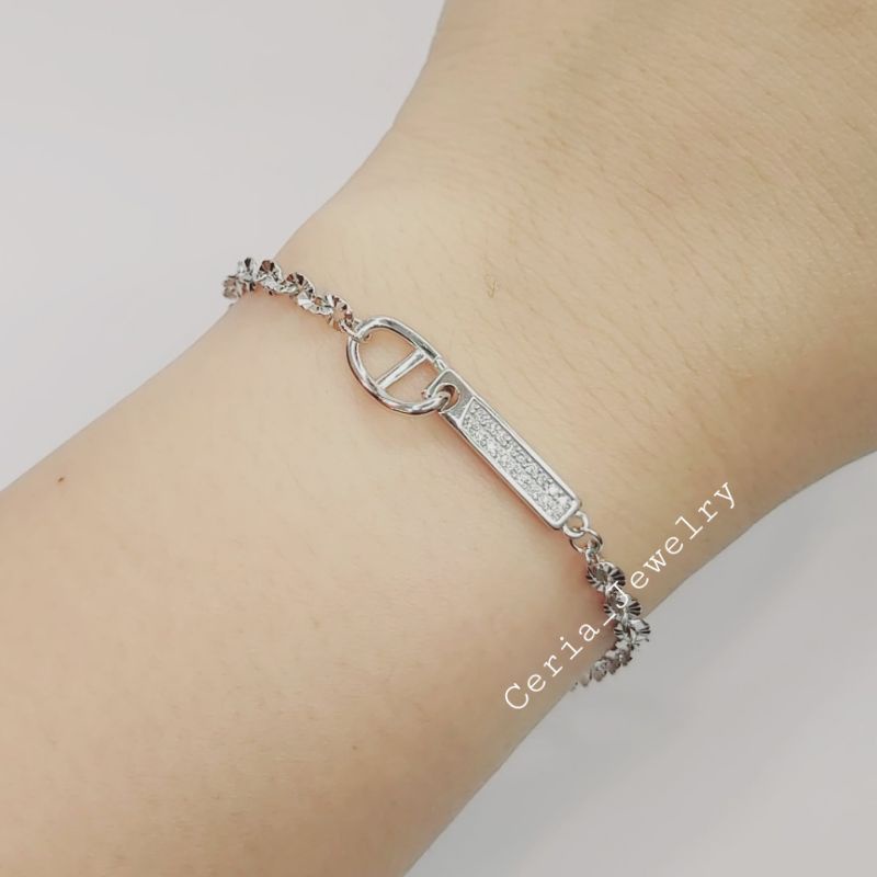 GELANG PERAK ASLI SILVER WANITA 925 LAPIS EMAS PUTIH MODEL EMAS PENANG PERMATA 3 BARIS RANTAI NORIUKIIR + RING TAMBAHAN - PERHIASAN PERAK WANITA