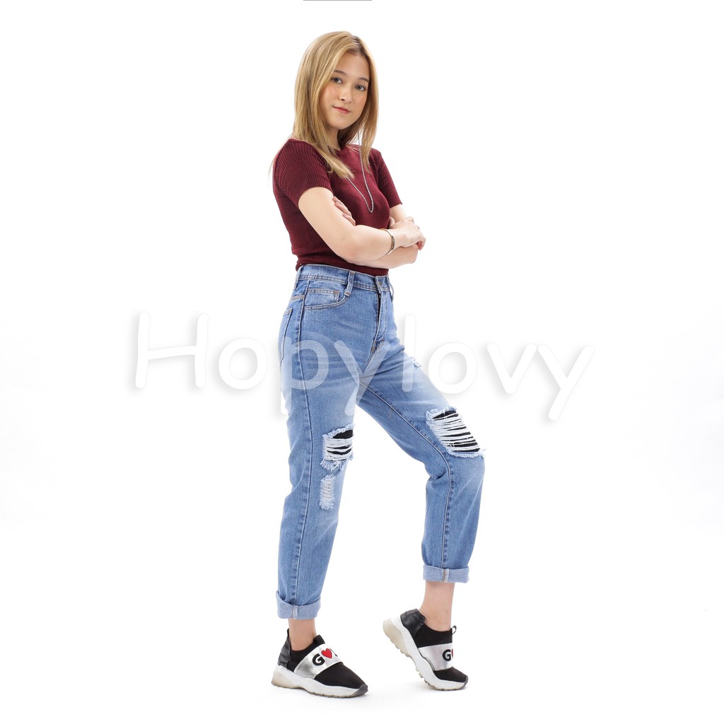 HOPYLOVY - Celana Boyfriend Jeans Sobek Lapis Furing BF Faranisa