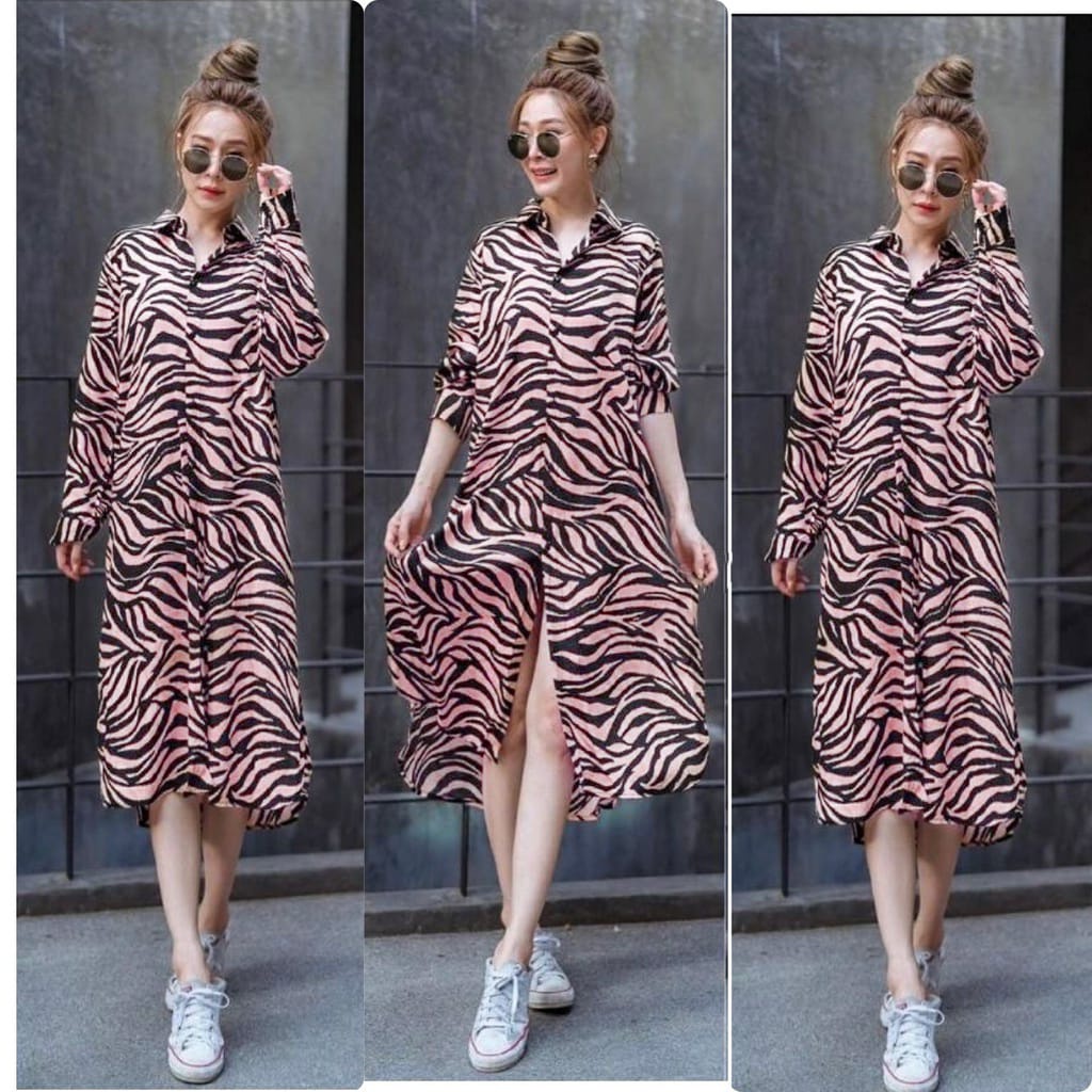 Long Tunik Zebra Loreng | Tunik Panjang | Baju Atasan Muslim Wanita | Pakaian Wanita Korean Style | 