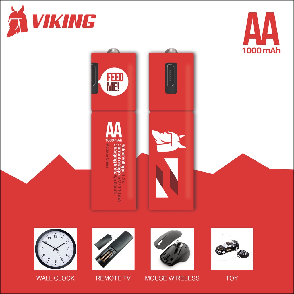 Viking Baterai AA Cas Micro USB Rechargeable Battery 1.2V 1000 mAh Batre Batrai Bisa Isi Daya Ulang Dicas