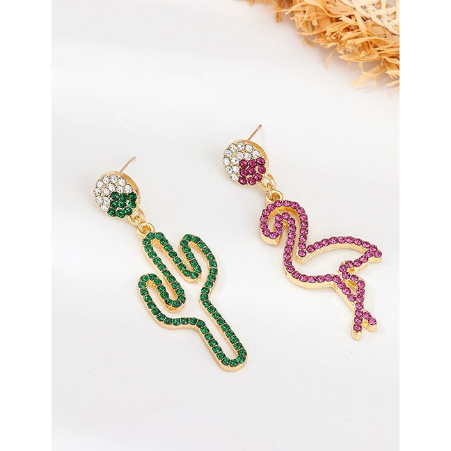 LRC Anting Tusuk Fashion Red + Green Asymmetric Colored Diamond Cactus Flamingo S925 Silver Needle