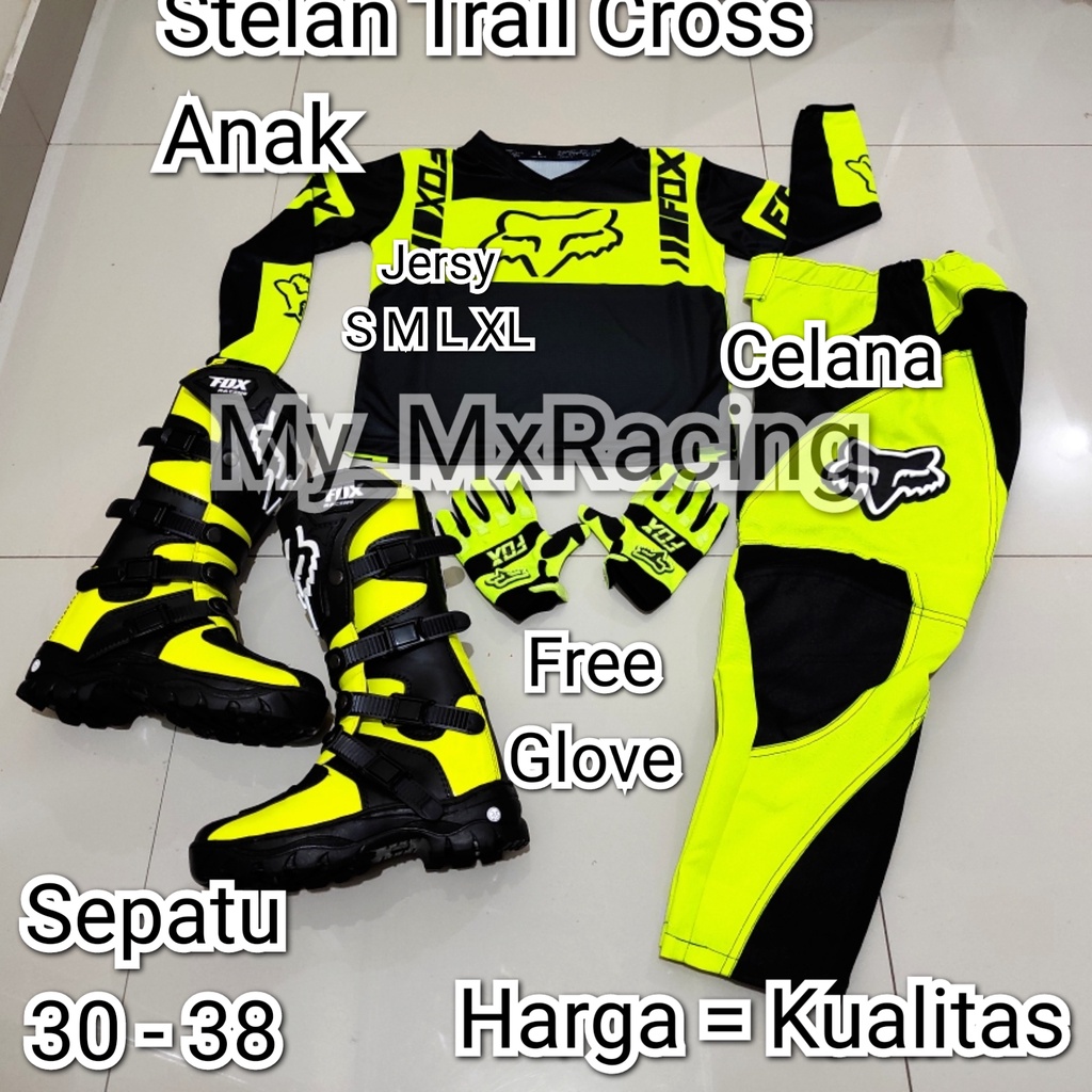 Promo !!Termurah Satu Sett buat anak Sepatu Cross  Jerset BISA PAKAI NAMA &amp; NOMOR Trail Glove buat Anak setelan offroad buat anak