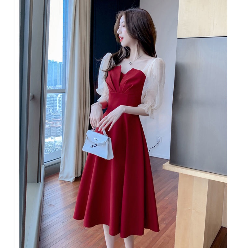 Wine red bride toast 2022 spring new wedding engagement party party small dress can be worn at ordin