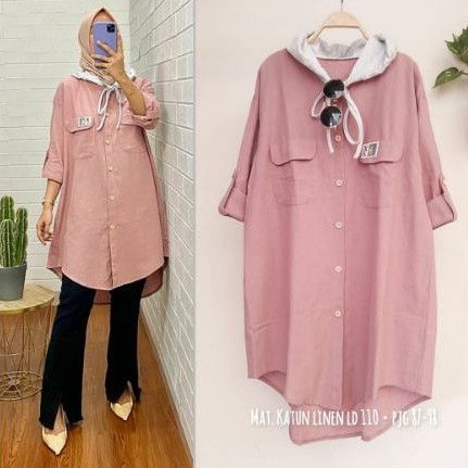 Tunik hoodie katun linen ld 110 cm