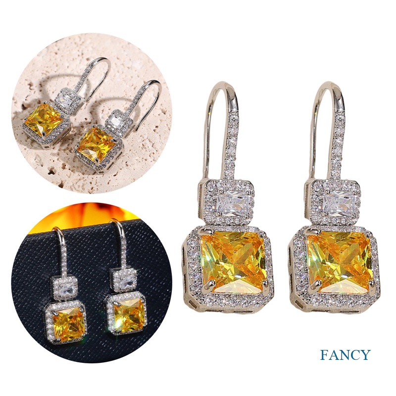 Anting Tusuk Gantung Wanita Hias Cubic Zirconia Warna Kuning Bling Untuk Pernikahan / Tunangan / Pesta
