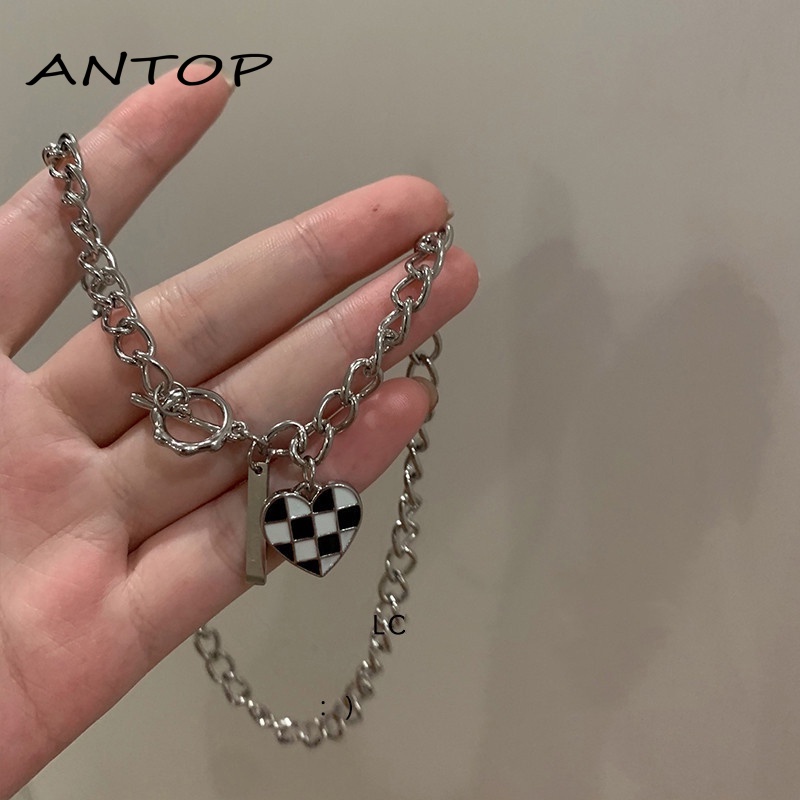 Kalung Rantai Liontin Hati Motif Kotak-Kotak Gaya Hip Hop