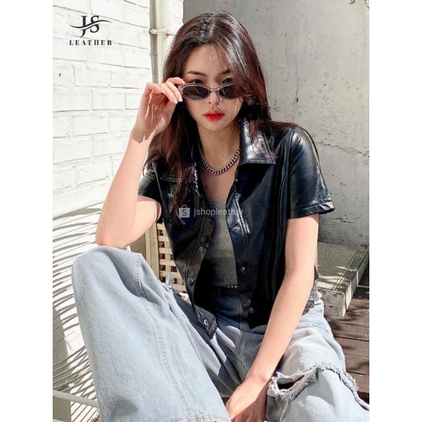 Bella Korean Shirt PU Leather Crop Top / Kemeja Crop Kulit PU Lengan Pendek Wanita / Kemeja Wanita K