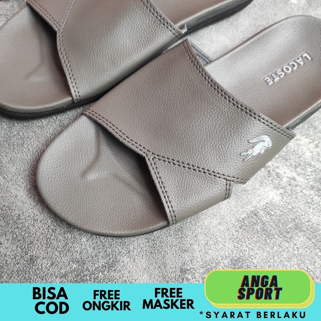 SANDAL PRIA SLIDE LACOSTE CROCO ABU PREMIUM / SANDAL COWOK SLOP SEMI KULIT CASUAL KEREN / SENDAL SANTAI FLIP FLOP DEWASA