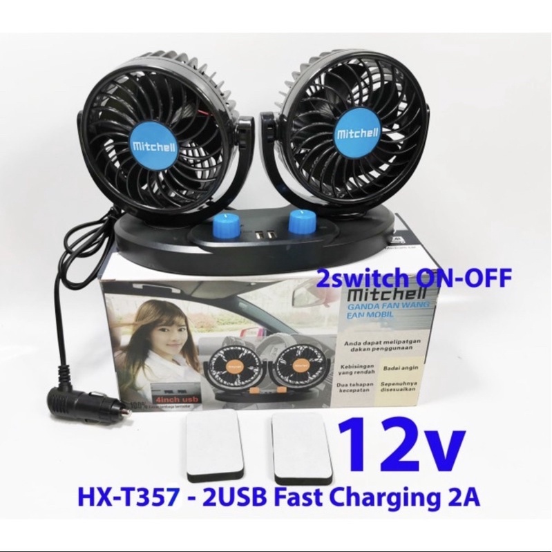 kipas mobil double fan 12v Mitchell HX-T357  DC 12v socket usb charger