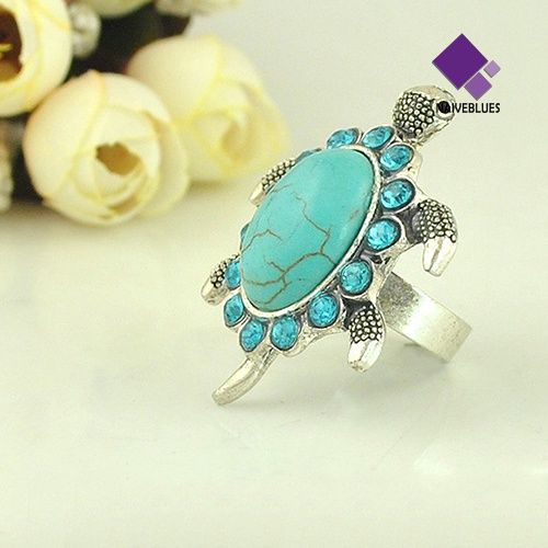 Naiveblue &gt; Cincin Motif Kura-Kura Aksen Turquoise + Berlian Imitasi Untuk Perhiasan Wanita