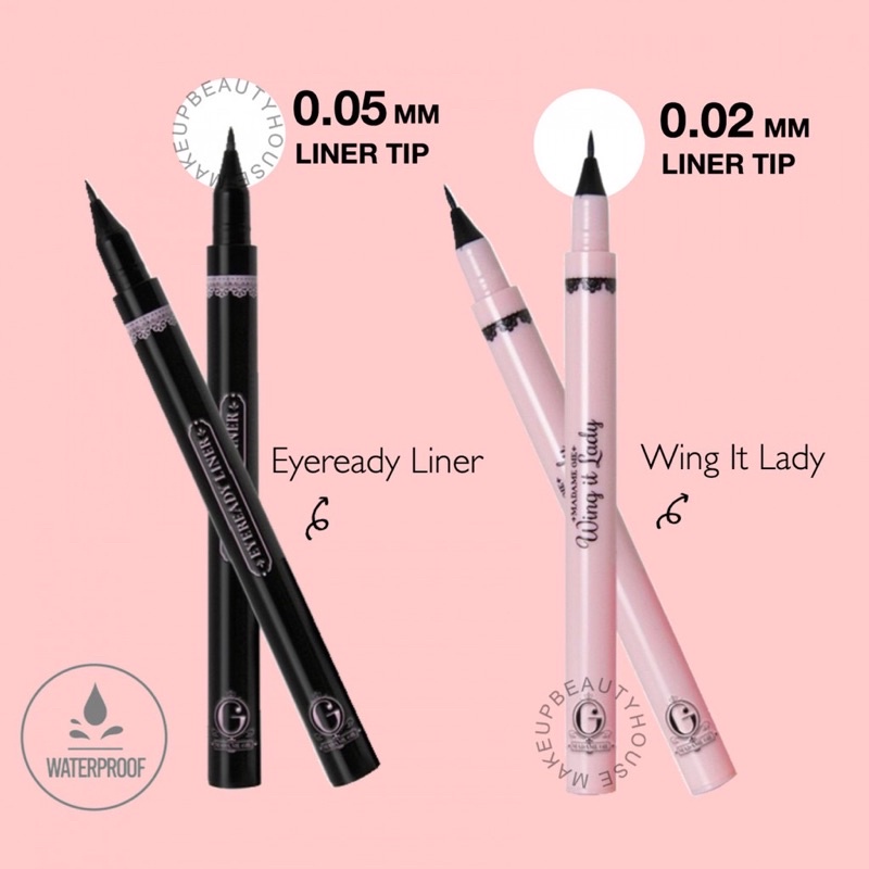 MADAME GIE Eyeready Liner &amp; Wing It Lady Indonesia / Liquid Eyeliner Pen Spidol Eye Liner / Smudge Waterproof Anti Air / Pigmented Aplikator Thick Thin Pensil / Rias Kelopak Mata Brow / Black Color Warna Hitam / Makeup Cosmetic Face Eye Make Up Eyebrow