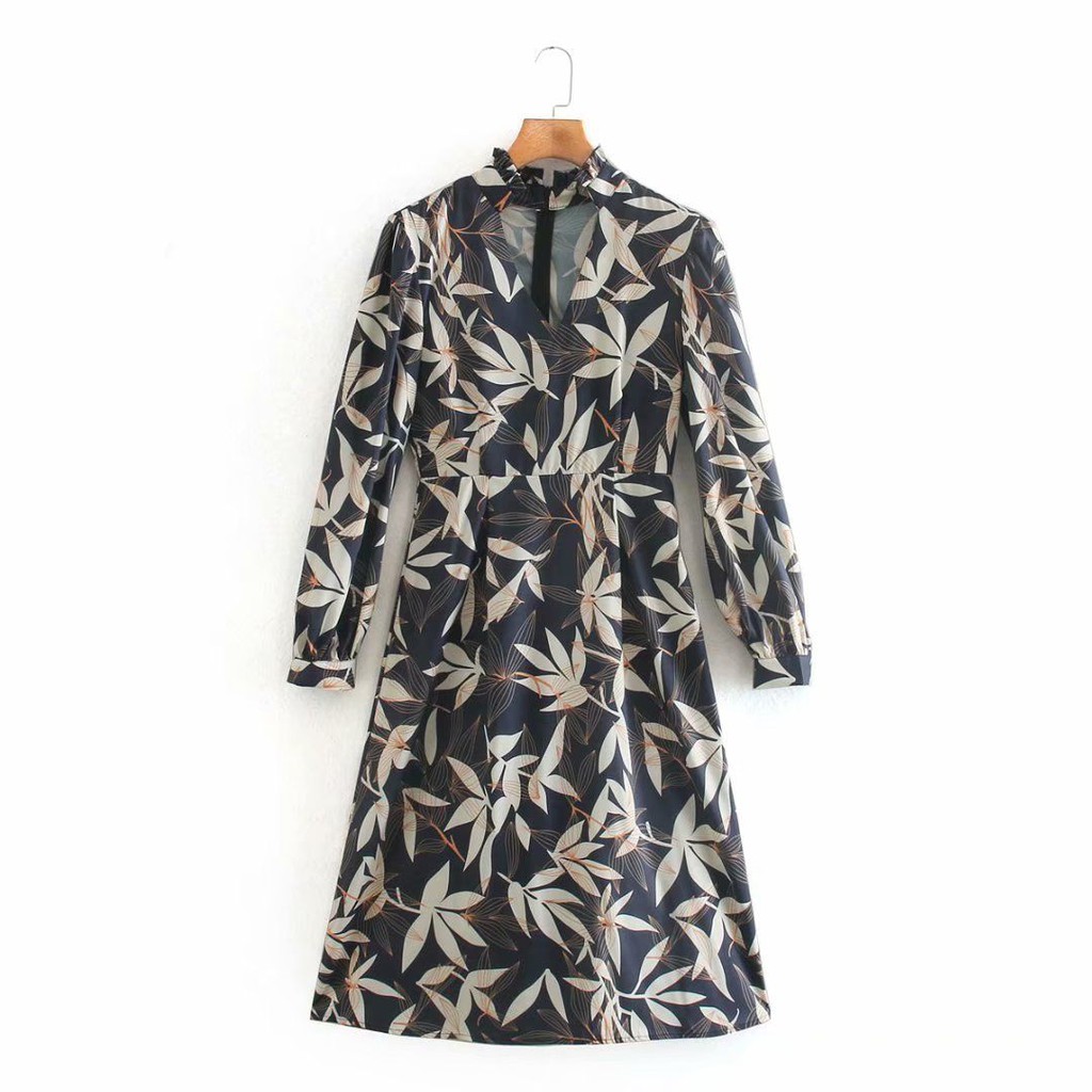 Midi Dress Wanita Lengan Panjang Casual Pattern Dress Korea Leaves Print Dress