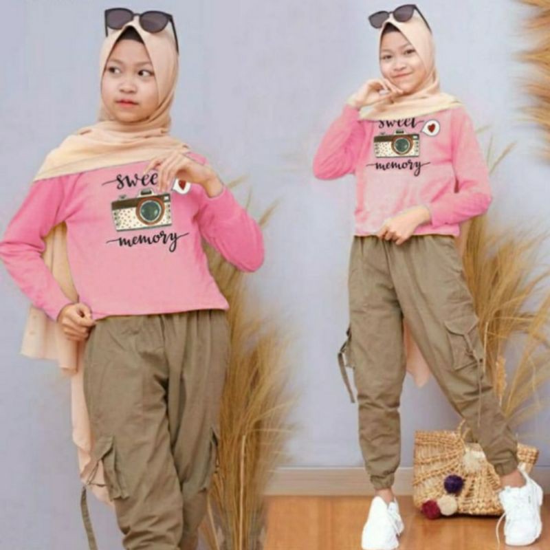 setelan anak perempuan kamera sweet memory 9 10 11 12 tahun empat variant warna - Lets_shop31-Dusty