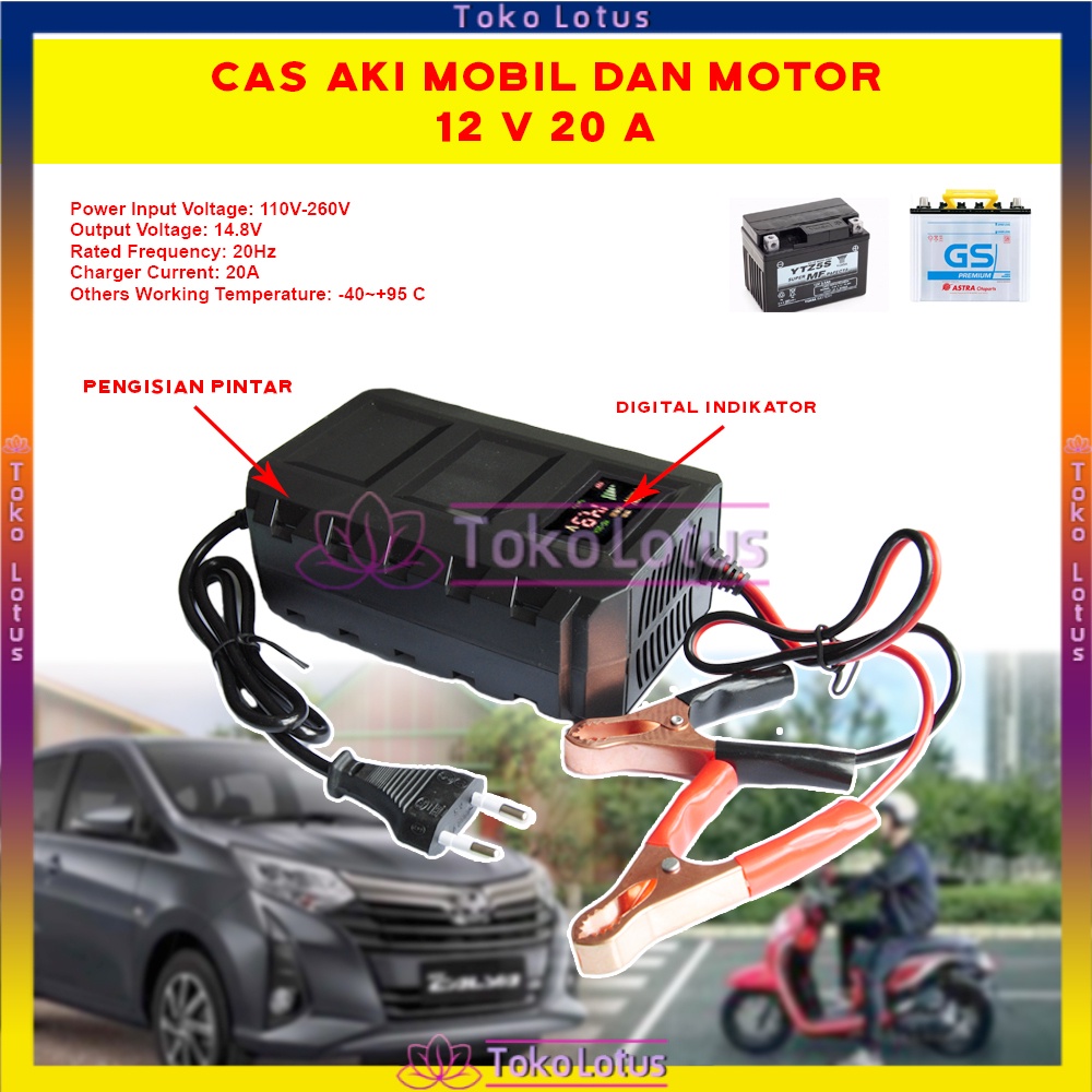 [NEW] Charger Aki 12V 20A Black Mobil dan Motor Indikator Layar LCD Charger Accu Cas Aki Mobil Motor Otomatis BK