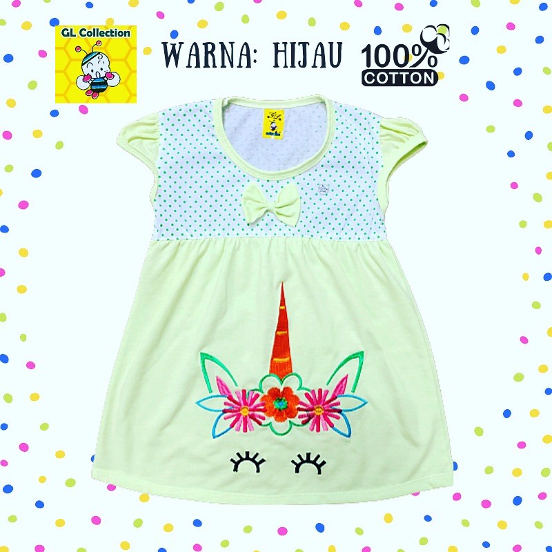 OBRAL! DRESS ANAK POLKADOT BORDIR UNICORN ALL SIZE 3-5 TAHUN 100%KATUN