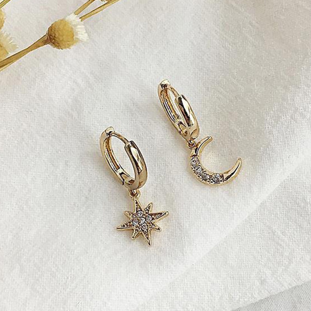 Hu Hu Hu Hu Hu Alat Bantu Pasang Kacamata♡ Anting Tusuk Gantung Wanita Asimetris Desain Bulan Bintang Hias Cubic Zirconia Untuk Hadiah