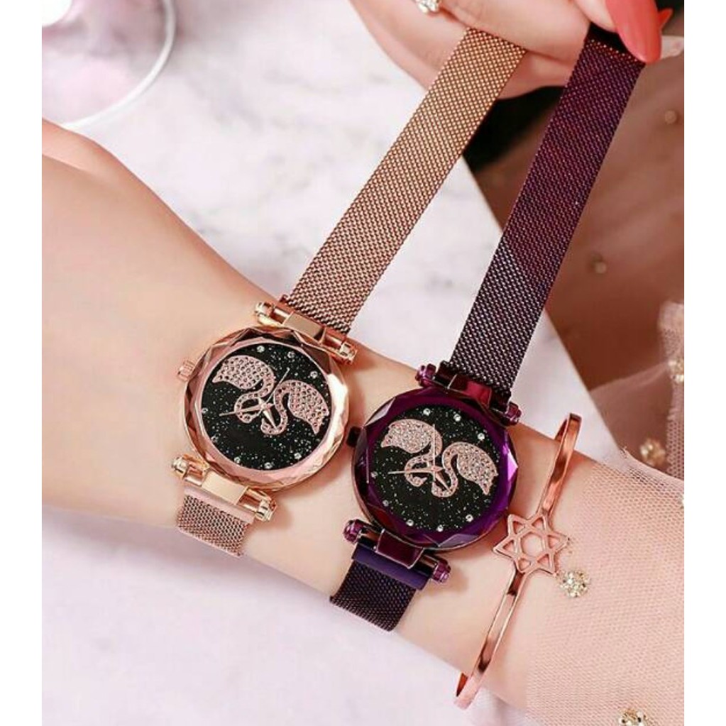 Jam Tangan Mewah Angsa TWO SWAN Magnet Mesh Korea Fashion Women's Wrist Watches