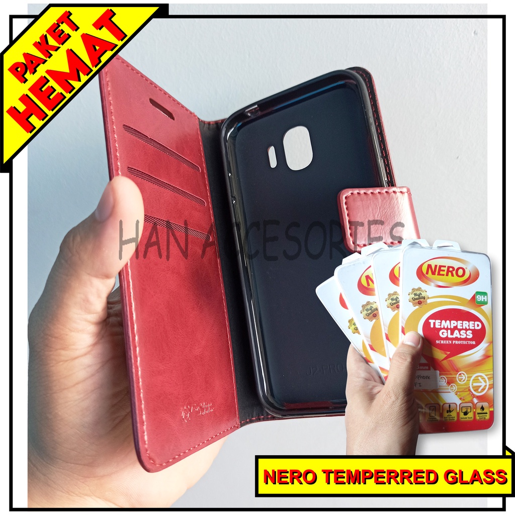 (PAKET HEMAT) Fashion Selular Flip Leather Case Samsung Galaxy J4 2018 Flip Cover Wallet Case Flip Case + Nero Temperred Glass