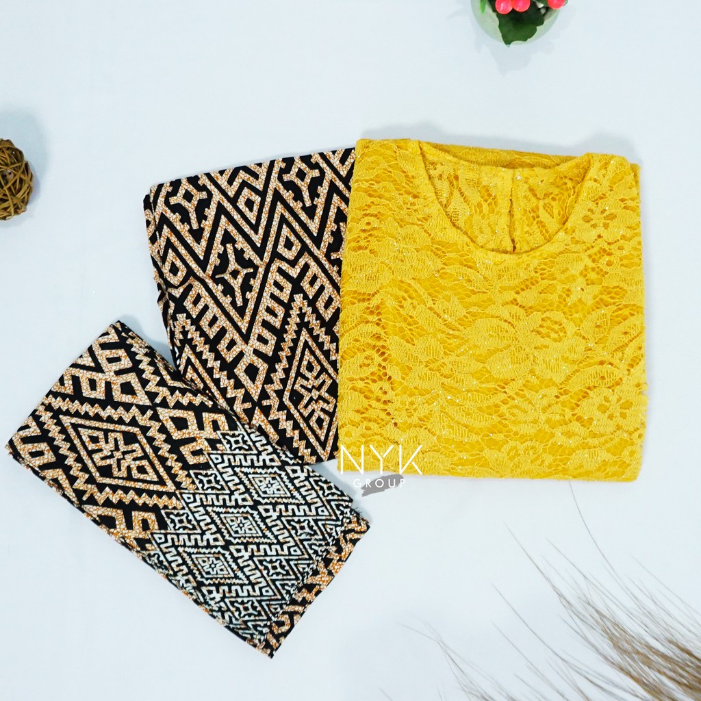 Couple Batik Wajik Lupita Brokat Lengan Panjang . Kebaya Couple Kondangan-MUSTARD