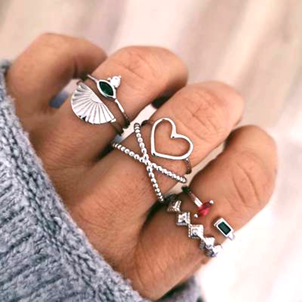 Hu Hu Hu Hu Hu Alat Bantu Pasang Kacamata♡ 6pcs Cincin Model Terbuka Desain Hati Hollow Hias Berlian Imitasi Untuk Wanita