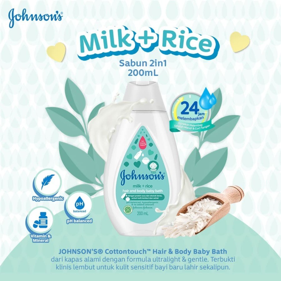 JOHNSON'S MILK + RICE HAIR &amp; BODY BABY BATH 200ML