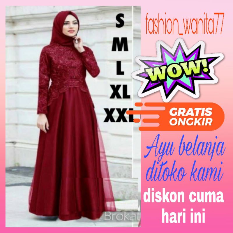 Gamis dress baju pakaian fashion brokat tile wanita muslim remaja syafira syar'i gaun kondangan pest