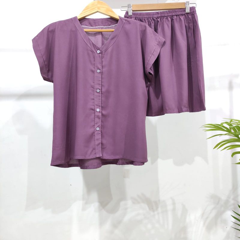 PIYAMA KANCING PENDEK | PIYAMA RAYON | BAJU TIDUR RAYON-VN UNGU TERONG