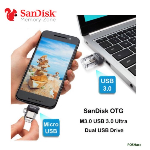 SanDisk Ultra Dual Drive M3.0 16GB/32GB/64GB/128GB USB 3.0 OTG Flash Drive HITAM