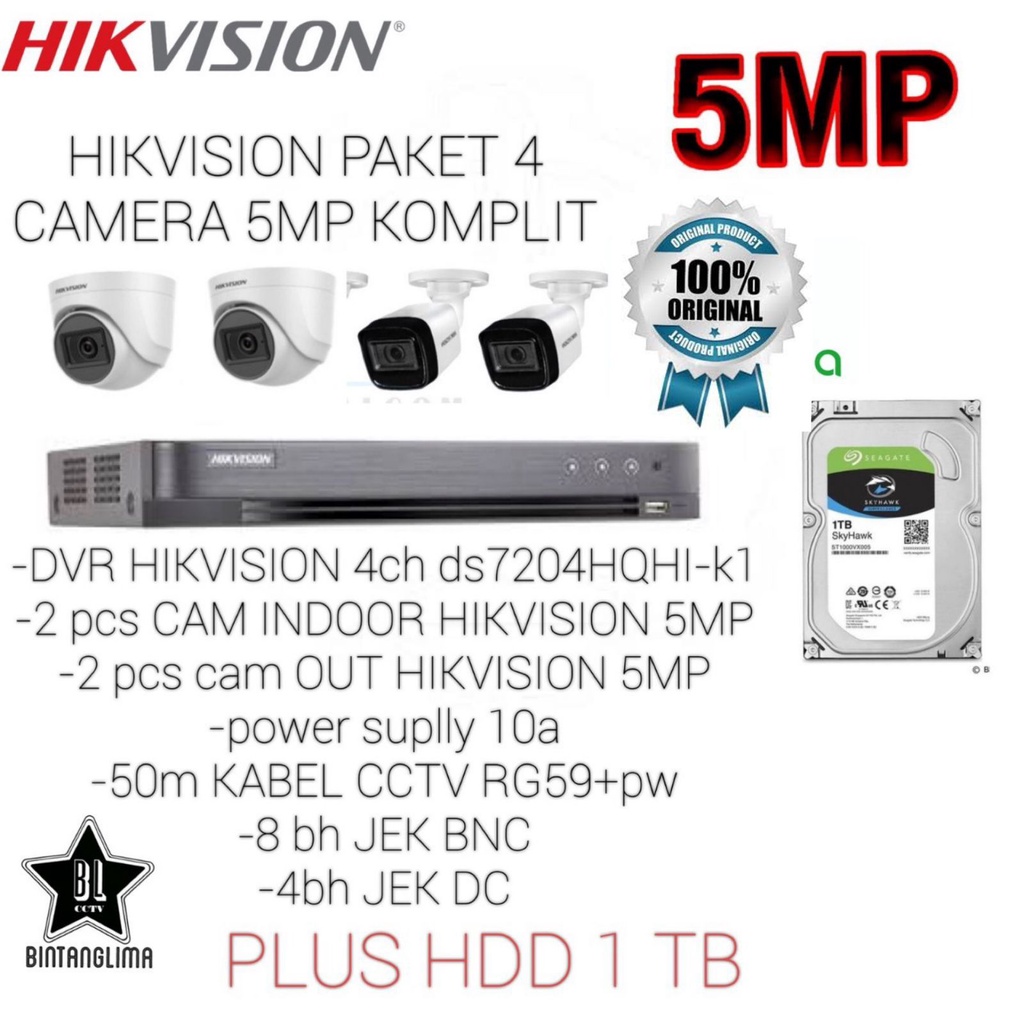 Hikvision paket 5mp 4 camera, 100% asli 5mp