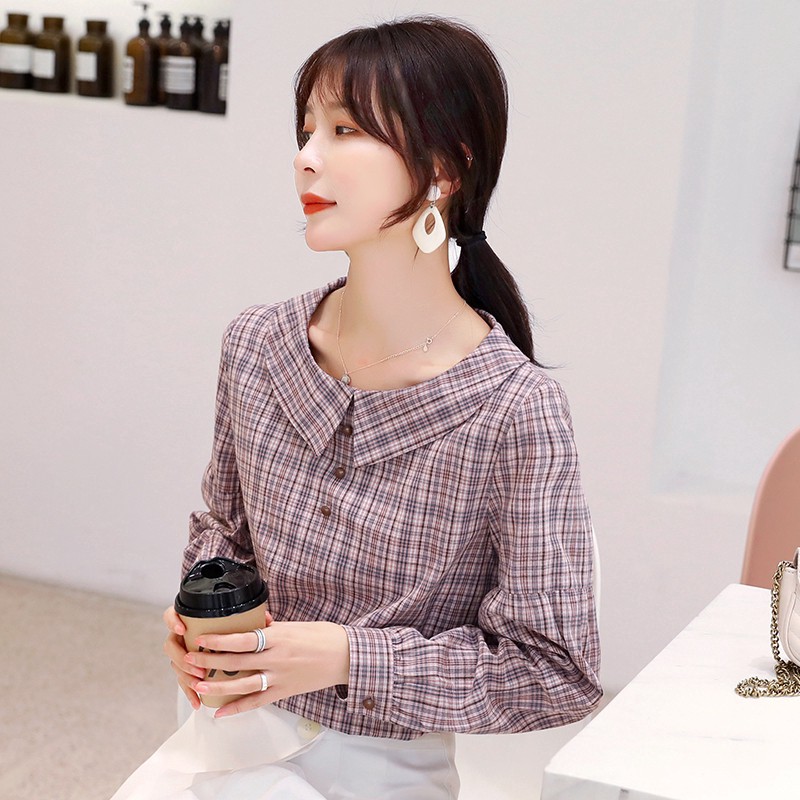 model terbaru Kemeja OL Casual Kerah Doll Lengan Panjang Motif Kotak-kotak Gaya Korea  Wanita