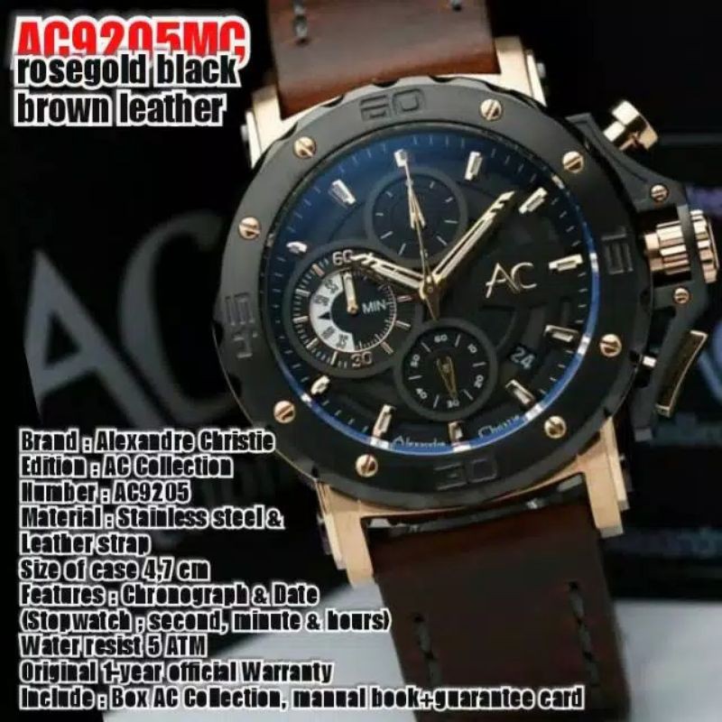 Alexandre Christie Collection Original Ac9205 Jam Tangan pria tali kulit full hitam