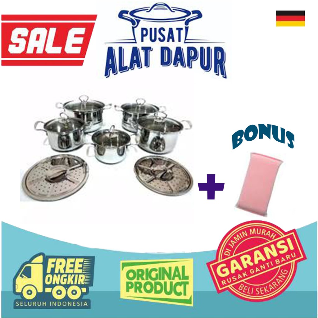 High Pot Steamer Susun 5 | Steamer Set 12 Pcs + Tutup Bahan Tebal Anti Karat Bonus Spons Cuci Piring