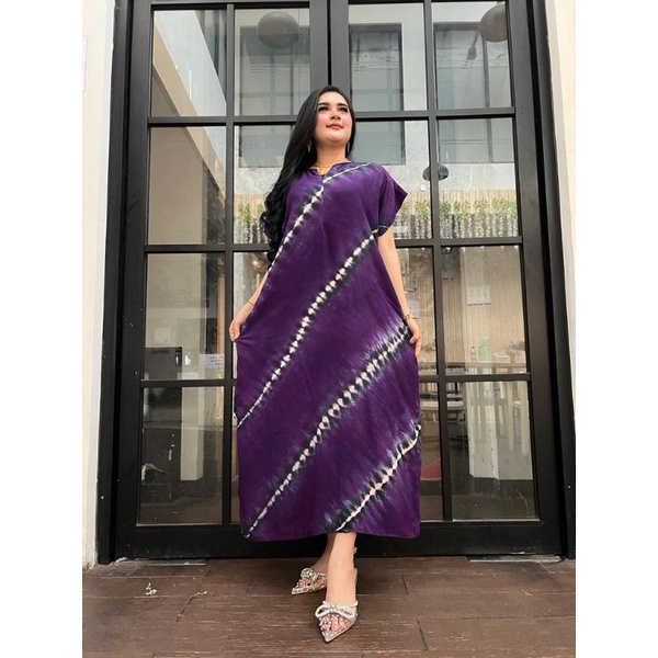 Daster panjang galaran kancing depan busui tali samping motif viral tiedye shibori-SK Strip Ungu