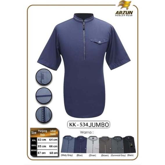 Baju Kemeja Koko Arzun Premium Muslim Pria Size Jumbo Warna Lengan Pendek Model Zipper / Resleting M