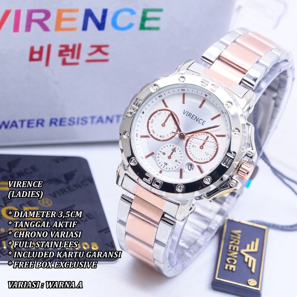 (FREE BOX) JAM TANGAN WANITA VIRENCE RANTAI BODY BULAT TANGGAL AKTIF CHRONO VARIASI