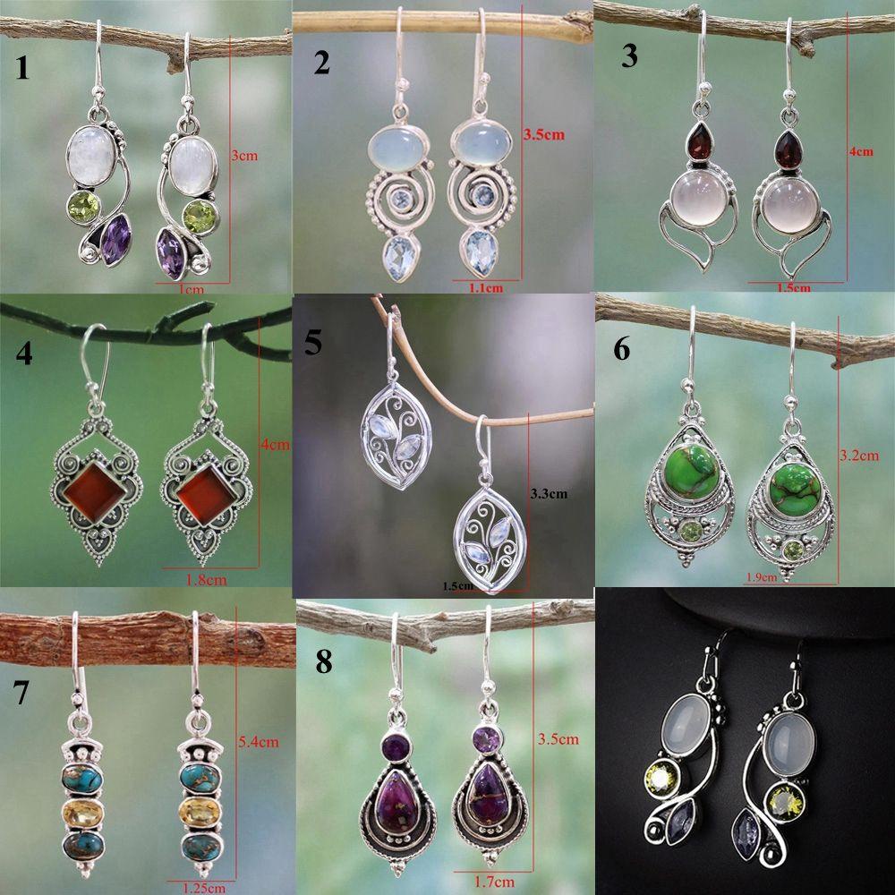 Suyo 1pasang Moonstone Anting Pesona Hadiah Vintage Perhiasan Menjuntai Pertunangan Pernikahan Turquoise