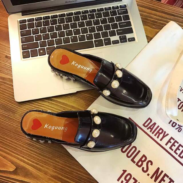 Sandal heels wanita korea mutiara putih tumit 3cm