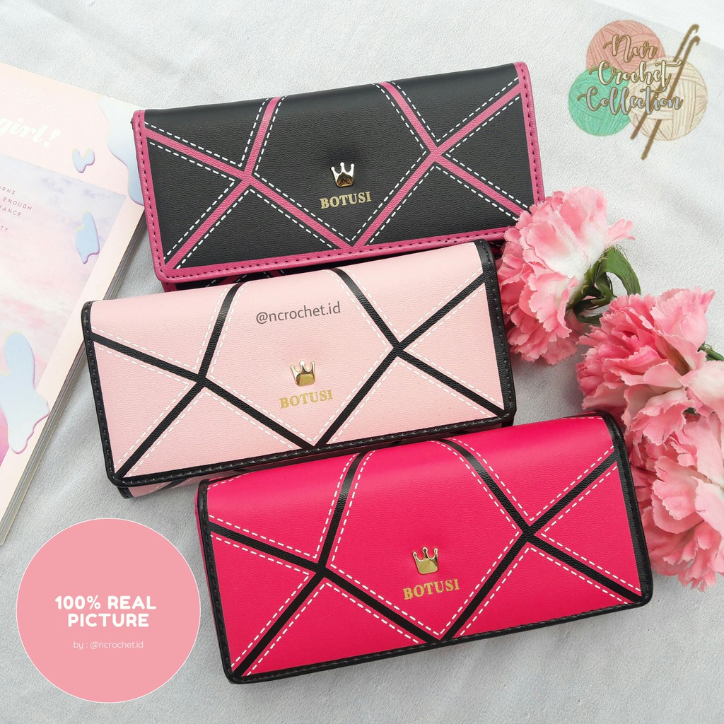DOMPET WANITA PANJANG LIPAT SLETING DOMPET IMPOR KULIT SINTETIS KAPASITAS BESAR CROWN WALLET CLUTCH