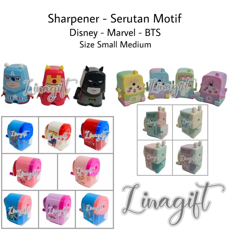 SHARPENER - SERUTAN PUTAR MOTIF KECIL - RAUTAN PUTAR PENSIL MEJA TRANSFORMER FROZEN MICKEY MINNIE PRINCESS RABBIT HELLOKITTY SUPERHEROES BATMAN CAPTAIN AMERICA IRONMAN SPIDERMAN MINION BTS UNICORN PONY RILAKUMA PINK BLUE GREEN TOSCA ROBOT CARS FROZEN